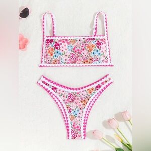 Floral bikini set with pink and white trim